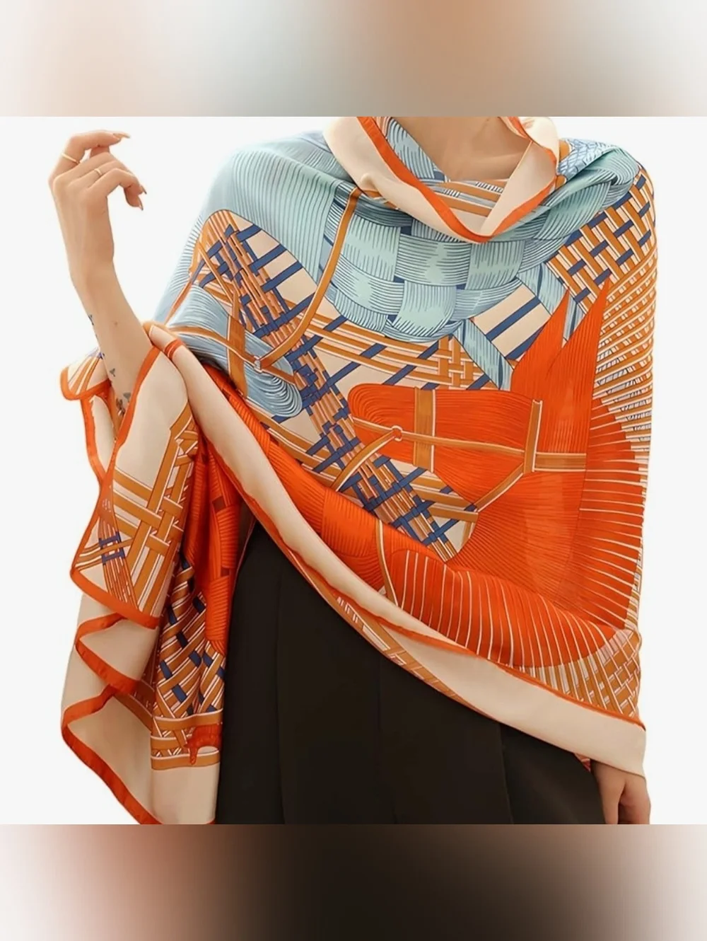 Elegant Orange & Light Blue Equestrian Pattern Silk-Feel Wrap